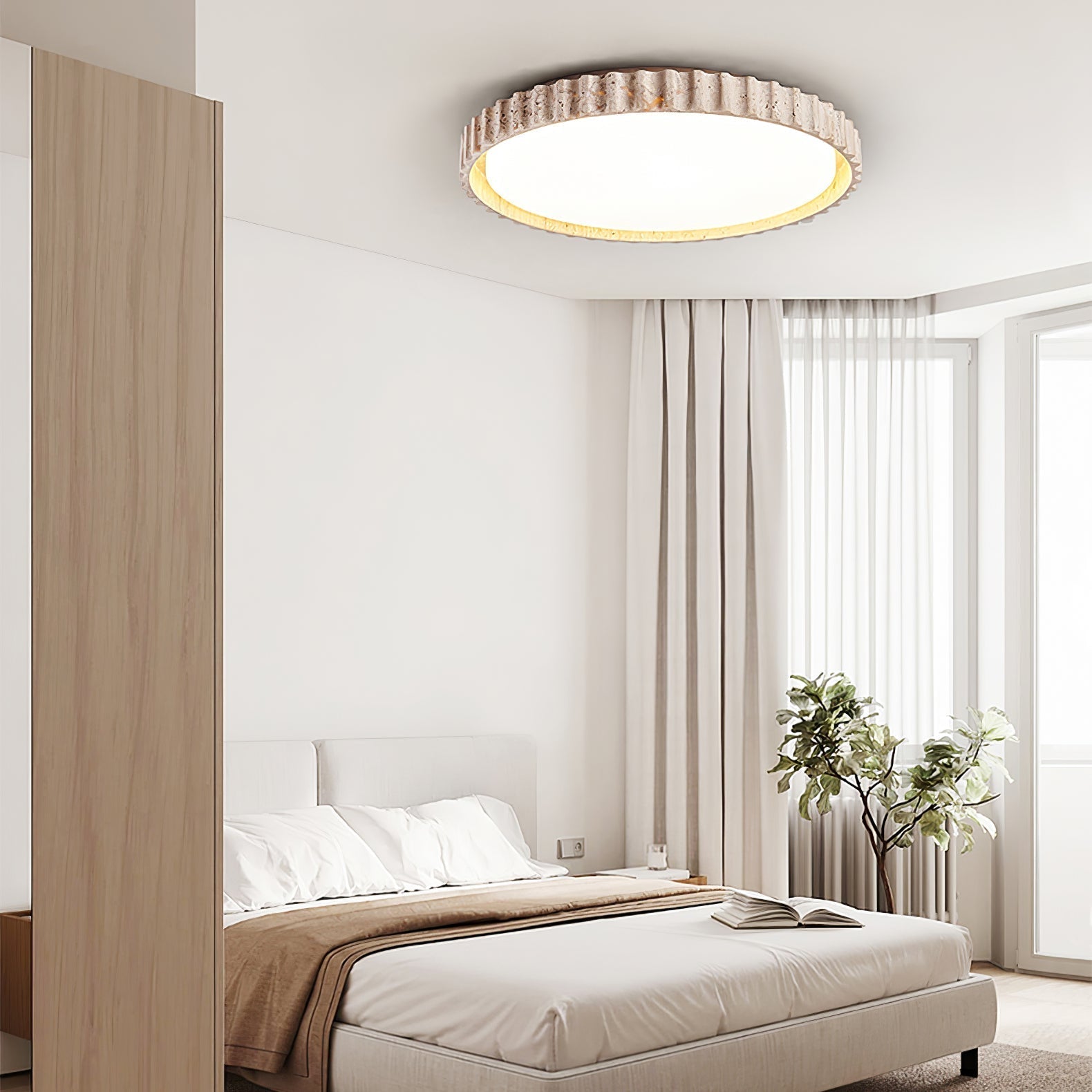 Obsidian Fluted Ring Travertine Ceiling Light