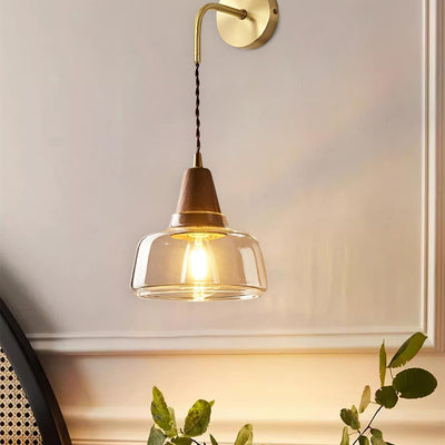 Wall Lamp Amber Glass Shade Tapered Walnut Accent Soft Glow Modern - Neutral Decor
