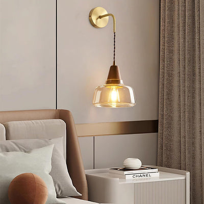 Wall Lamp Amber Glass Shade Tapered Walnut Accent Soft Glow Modern - Neutral Decor