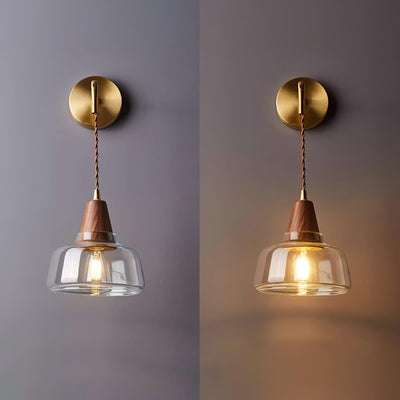 Wall Lamp Amber Glass Shade Tapered Walnut Accent Soft Glow Modern - Neutral Decor