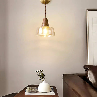 Wall Lamp Amber Glass Shade Tapered Walnut Accent Soft Glow Modern - Neutral Decor