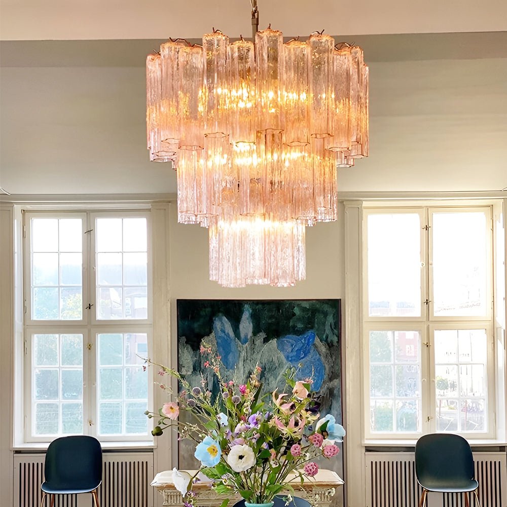 Veloraria Chandelier Pink Glass Tubes Layered Modern