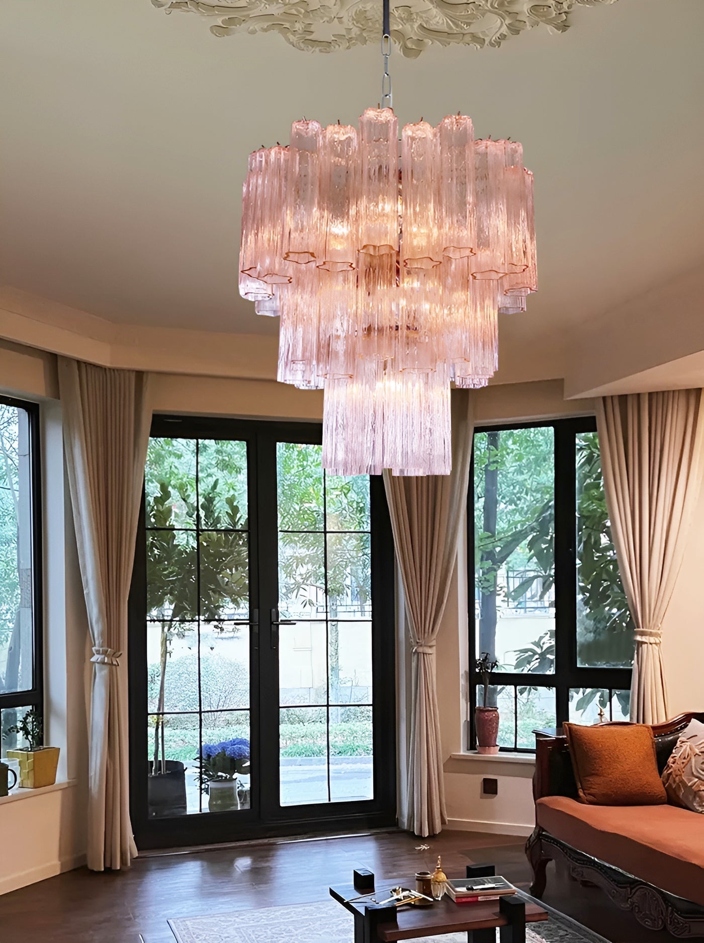 Veloraria Chandelier Pink Glass Tubes Layered Modern