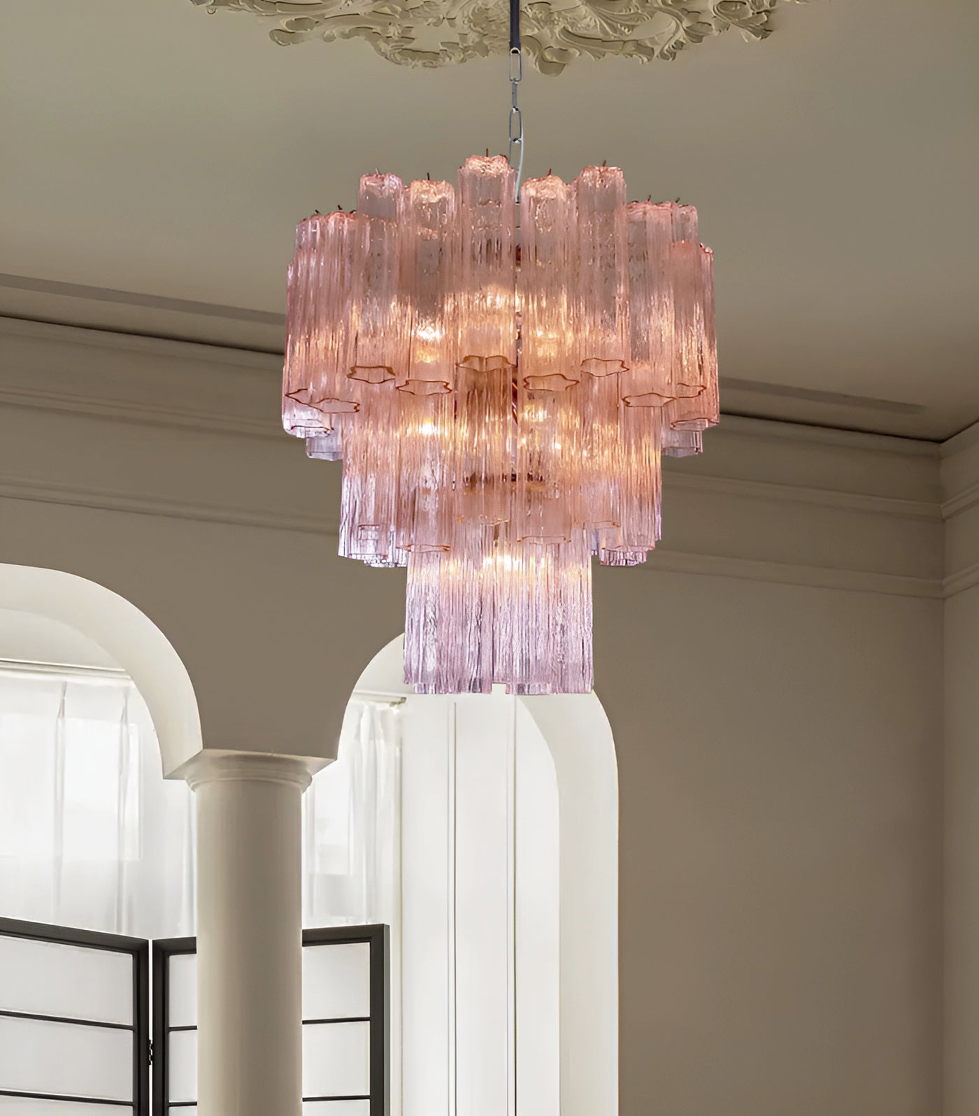 Veloraria Chandelier Pink Glass Tubes Layered Modern