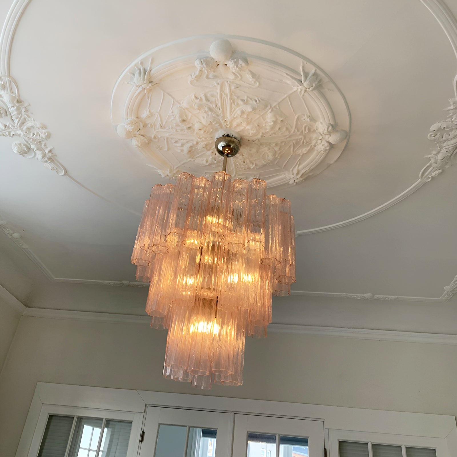 Veloraria Chandelier Pink Glass Tubes Layered Modern