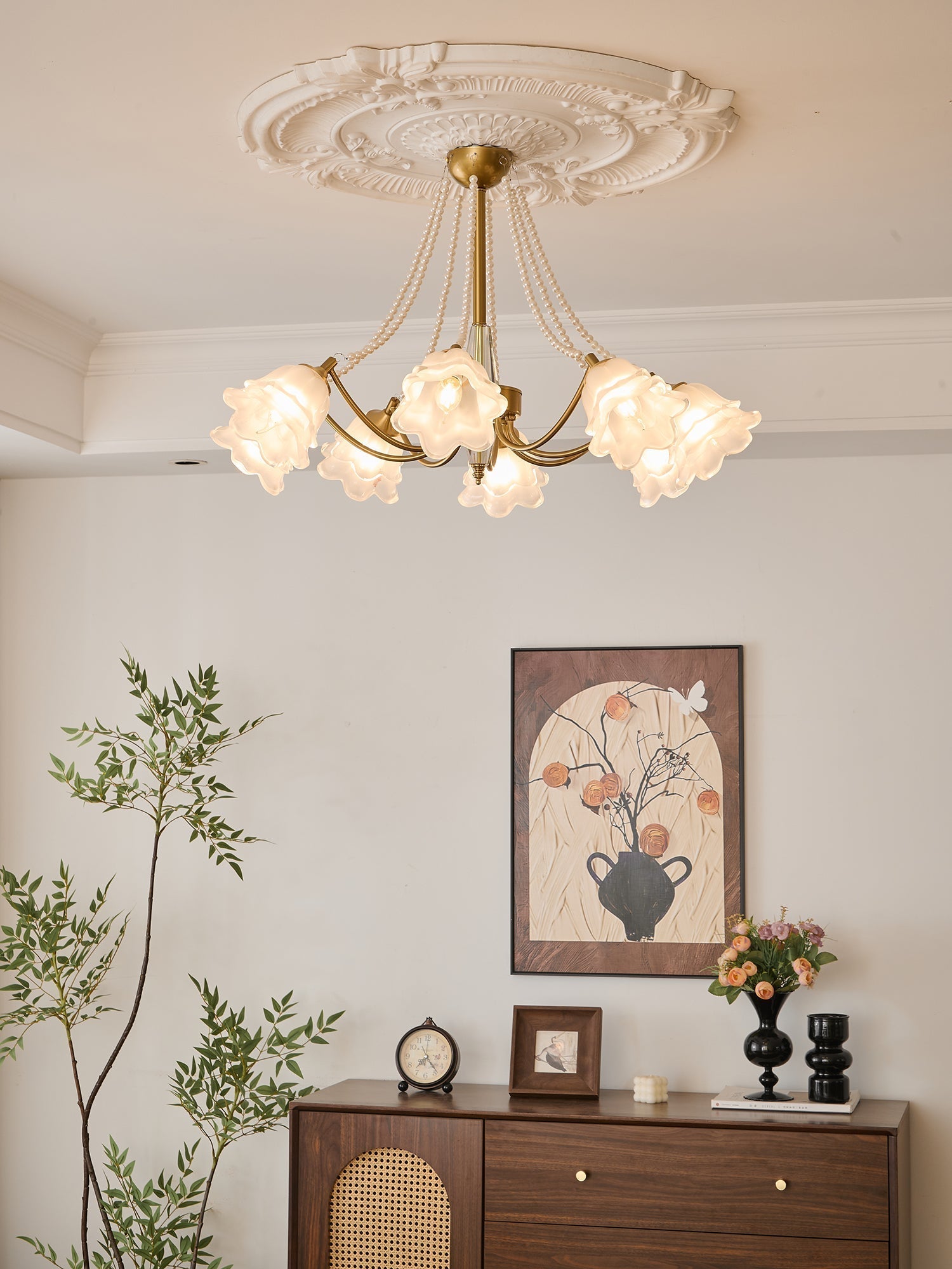 Allirila Traditional Elegance  Vintage Bloom Pearls Glass Chandelier