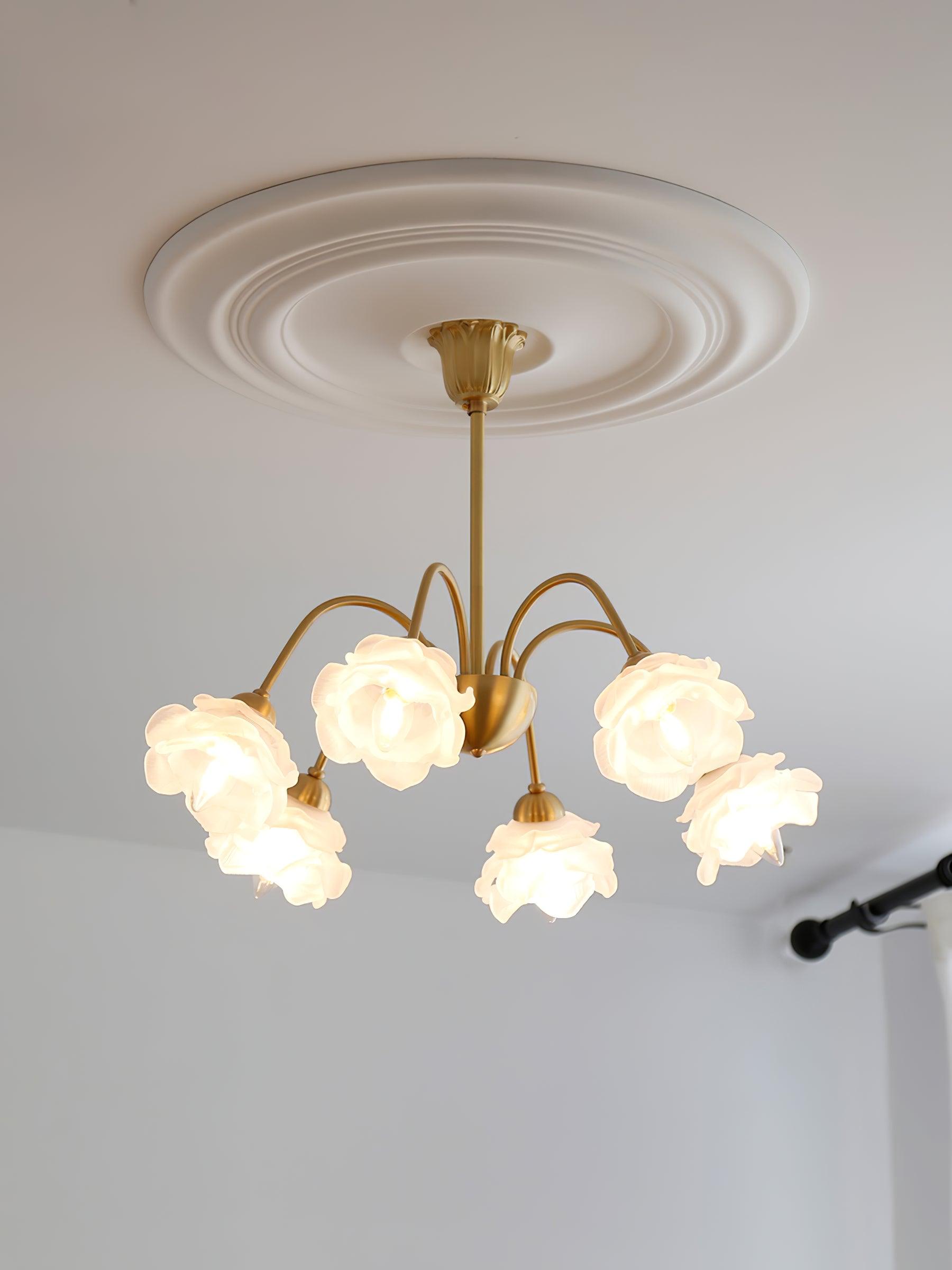 Lustra Chandelier Brass Glass Rose Floral - Neutral Decor