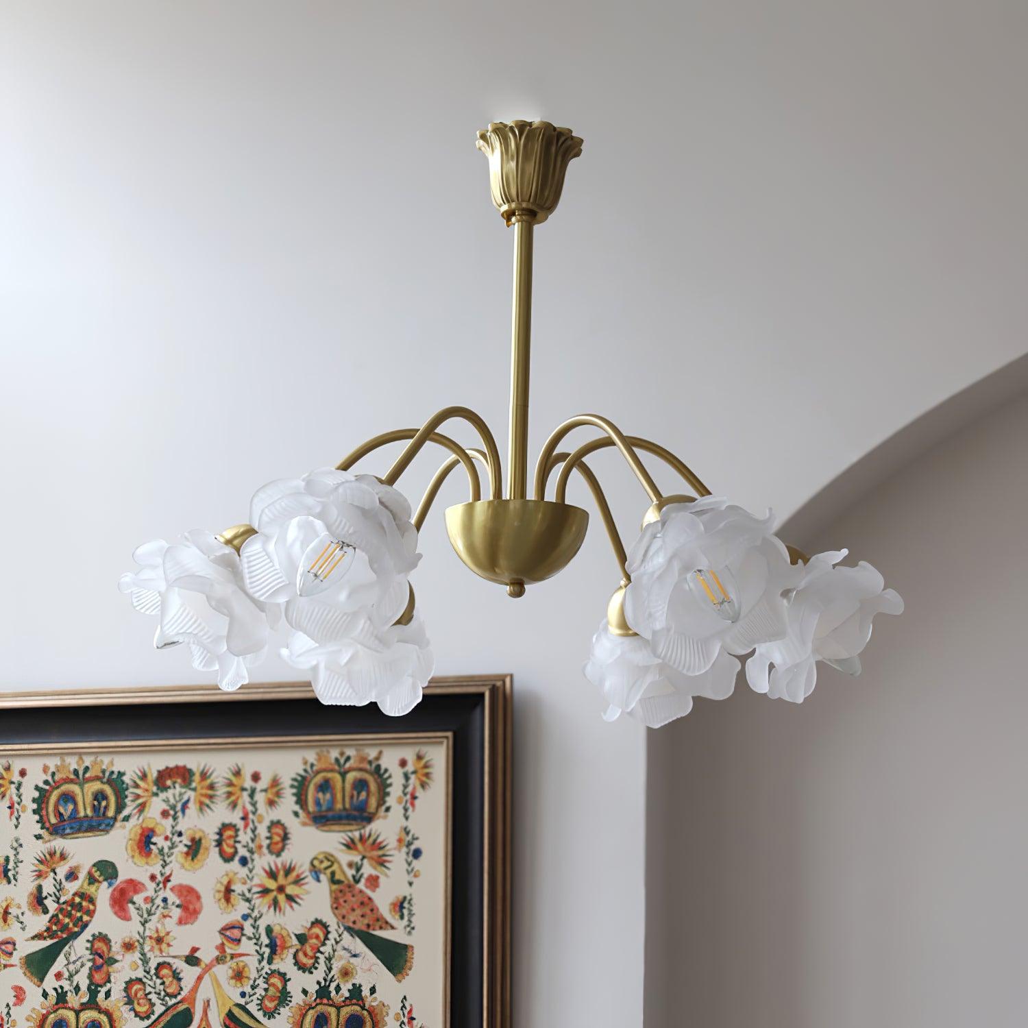 Lustra Chandelier Brass Glass Rose Floral - Neutral Decor