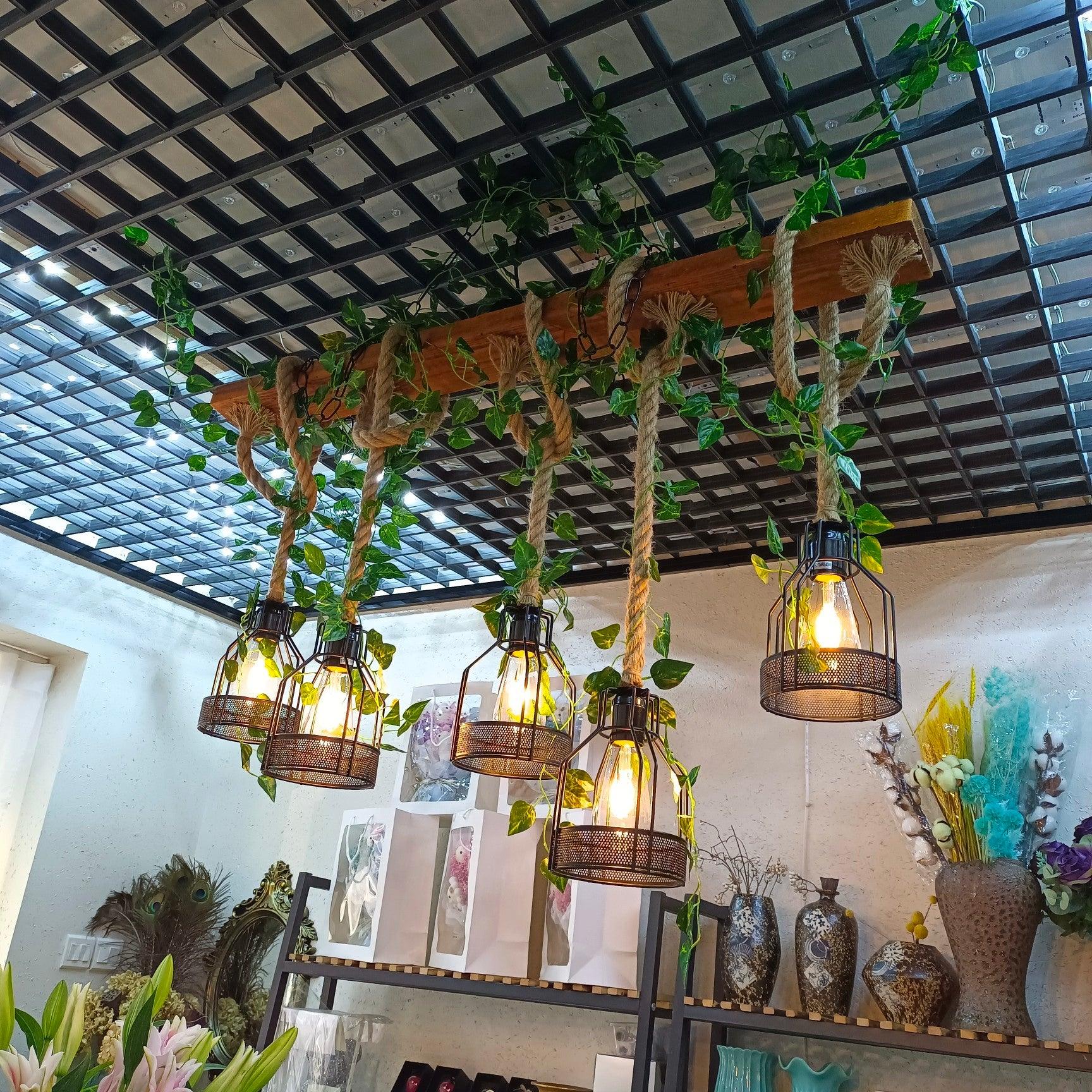Qyron Chandelier Rustic Wooden Beam Rope Cage Cozy