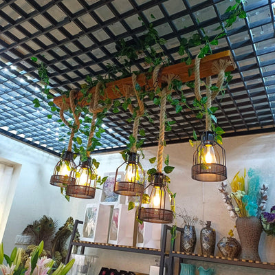 Qyron Chandelier Rustic Wooden Beam Rope Cage Cozy