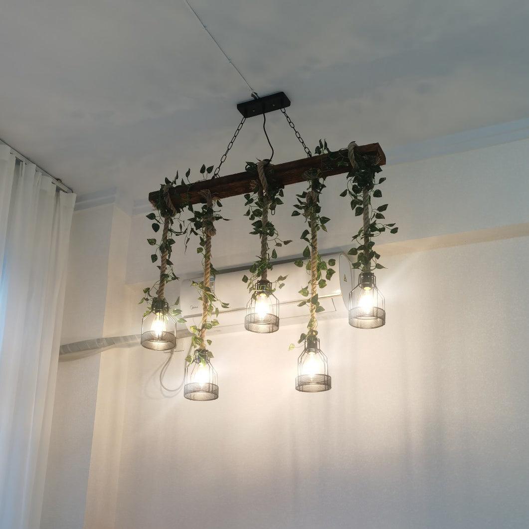 Qyron Chandelier Rustic Wooden Beam Rope Cage Cozy