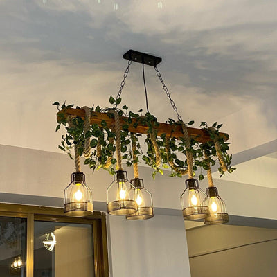 Qyron Chandelier Rustic Wooden Beam Rope Cage Cozy