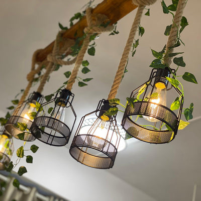 Qyron Chandelier Rustic Wooden Beam Rope Cage Cozy