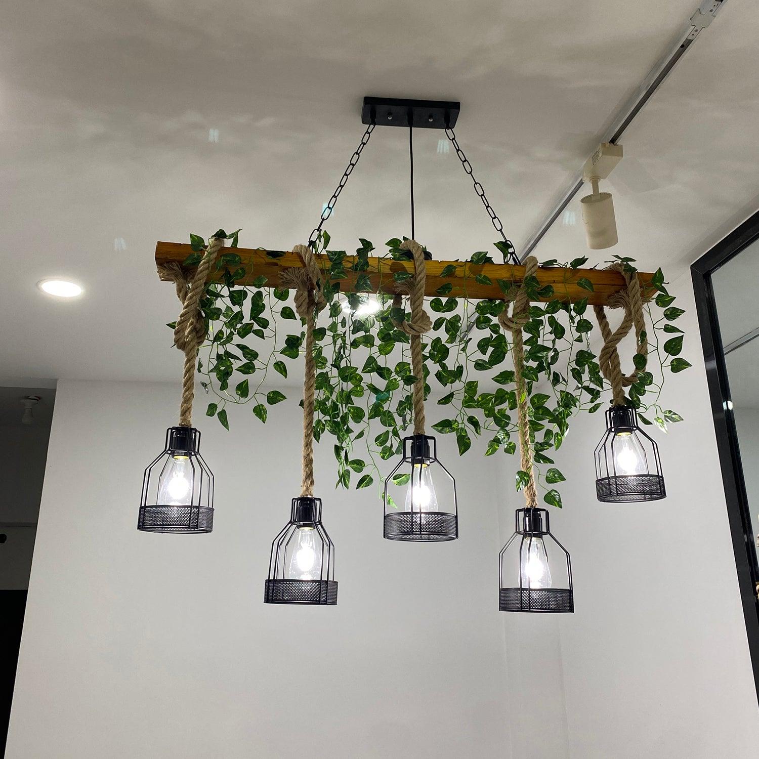 Qyron Chandelier Rustic Wooden Beam Rope Cage Cozy