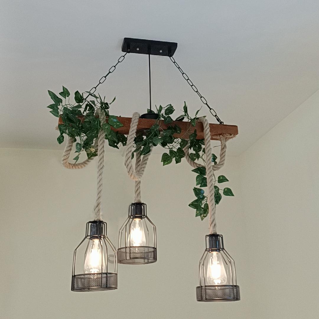 Qyron Chandelier Rustic Wooden Beam Rope Cage Cozy