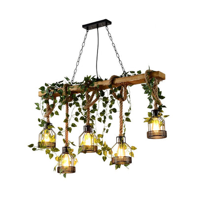 Qyron Chandelier Rustic Wooden Beam Rope Cage Cozy