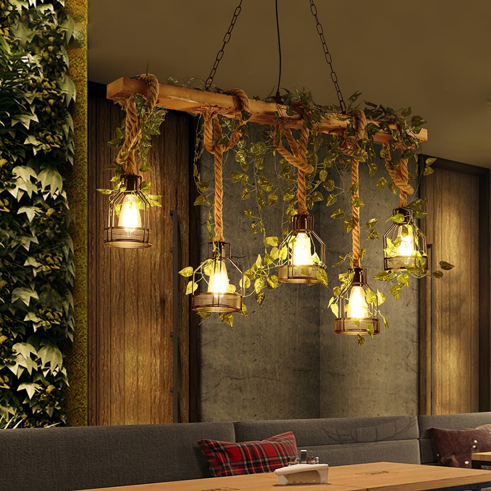 Qyron Chandelier Rustic Wooden Beam Rope Cage Cozy