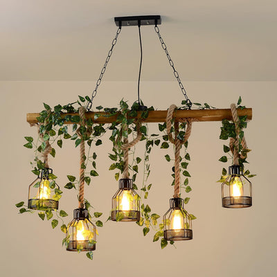 Qyron Chandelier Rustic Wooden Beam Rope Cage Cozy