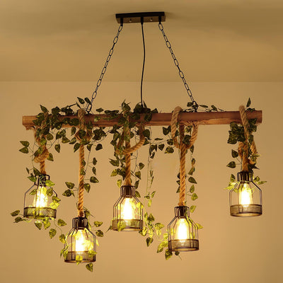 Qyron Chandelier Rustic Wooden Beam Rope Cage Cozy