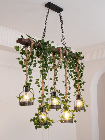 Qyron Chandelier Rustic Wooden Beam Rope Cage Cozy