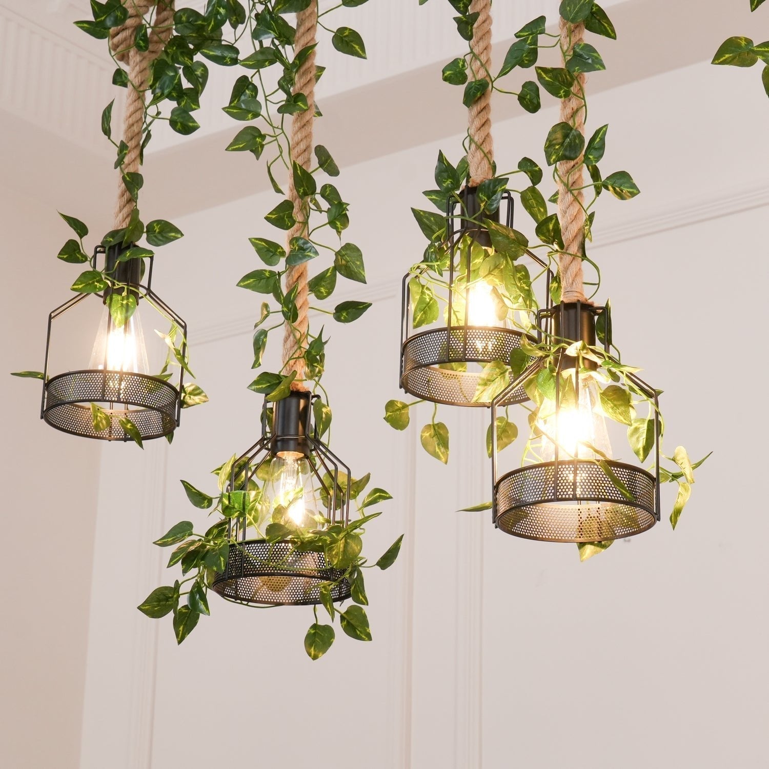 Qyron Chandelier Rustic Wooden Beam Rope Cage Cozy