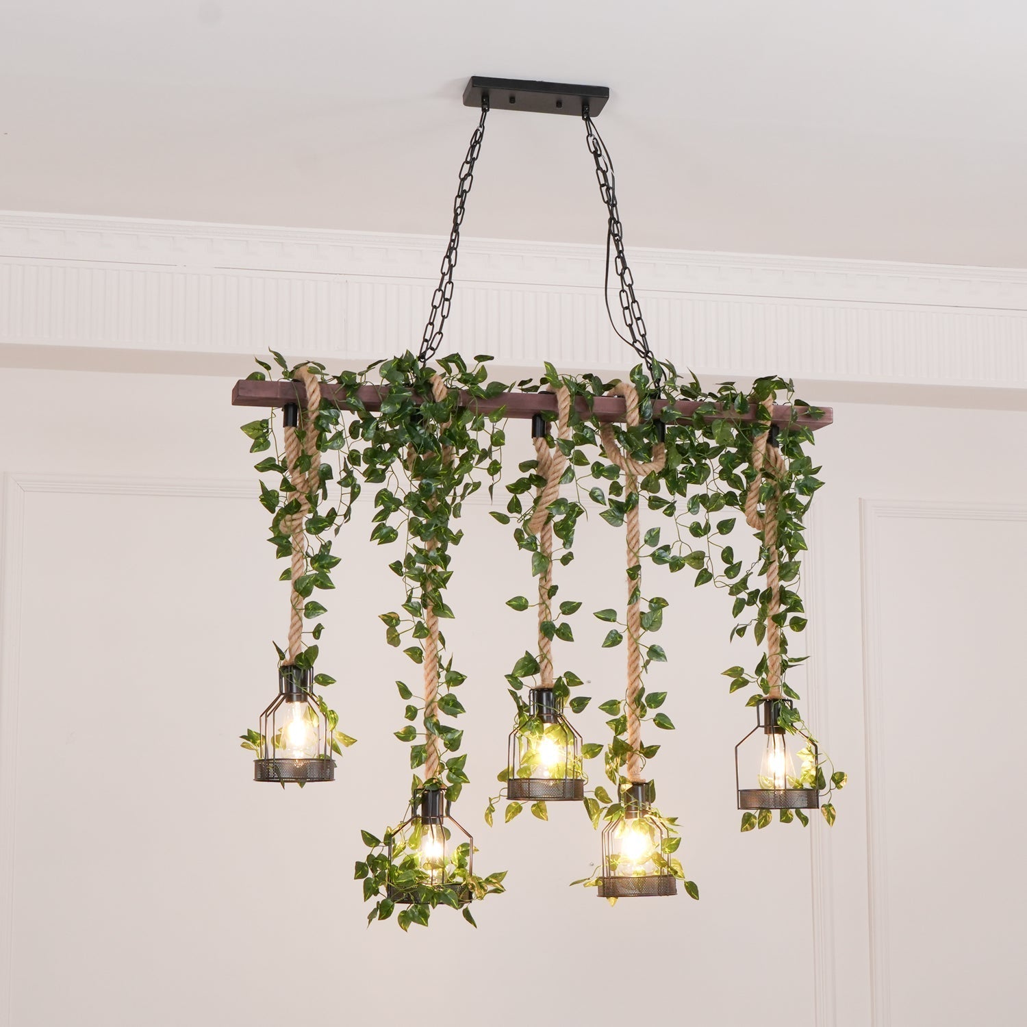 Qyron Chandelier Rustic Wooden Beam Rope Cage Cozy