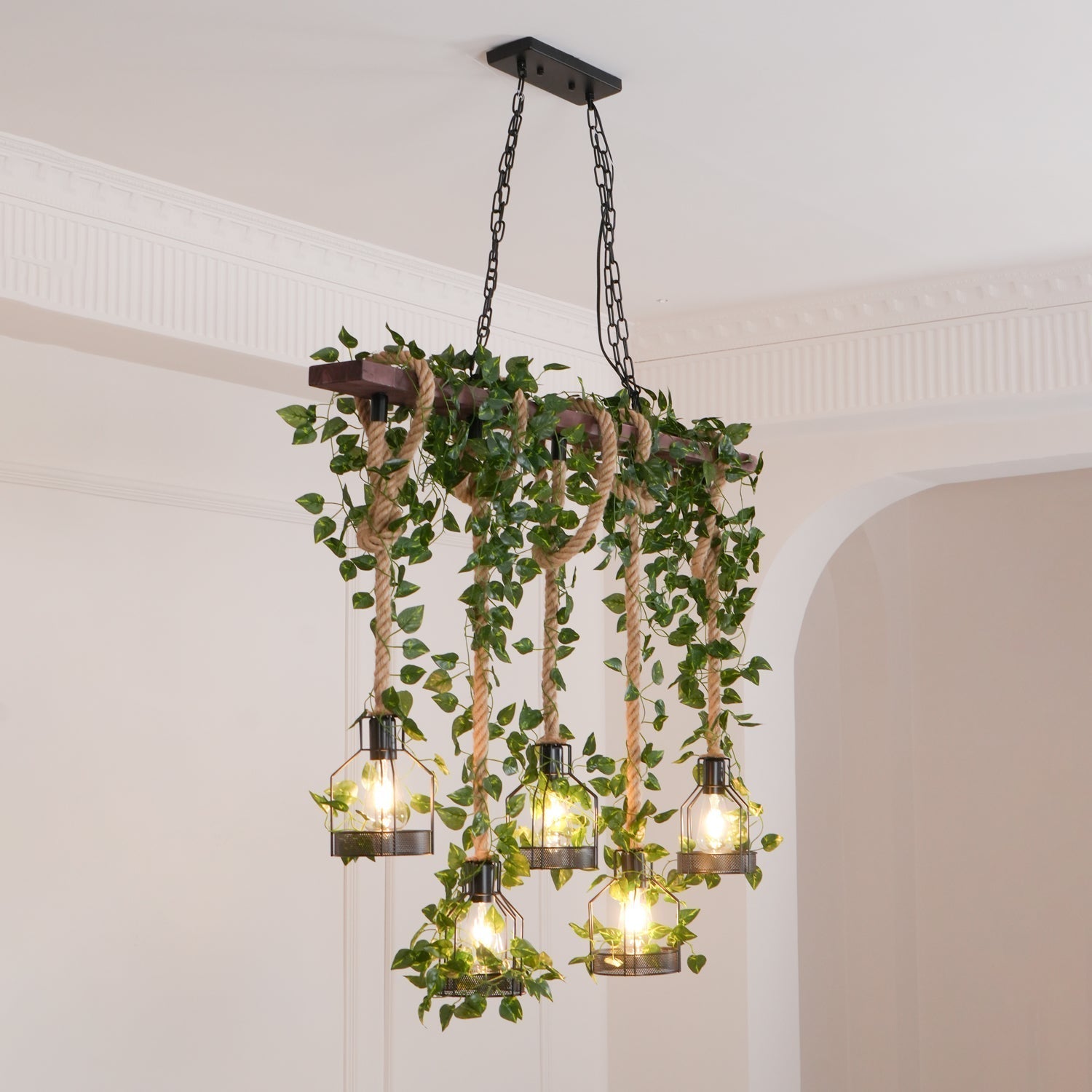 Qyron Chandelier Rustic Wooden Beam Rope Cage Cozy