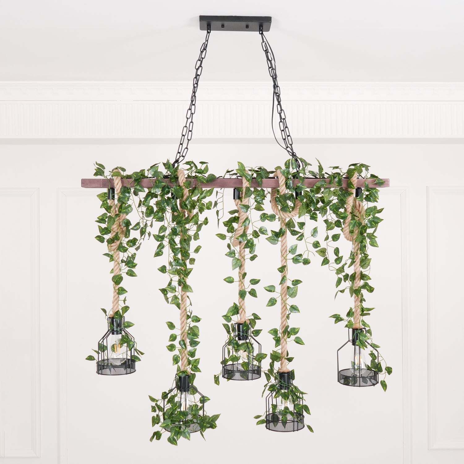 Qyron Chandelier Rustic Wooden Beam Rope Cage Cozy