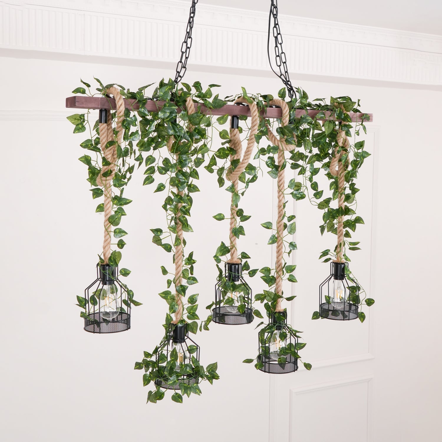 Qyron Chandelier Rustic Wooden Beam Rope Cage Cozy