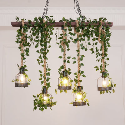 Qyron Chandelier Rustic Wooden Beam Rope Cage Cozy