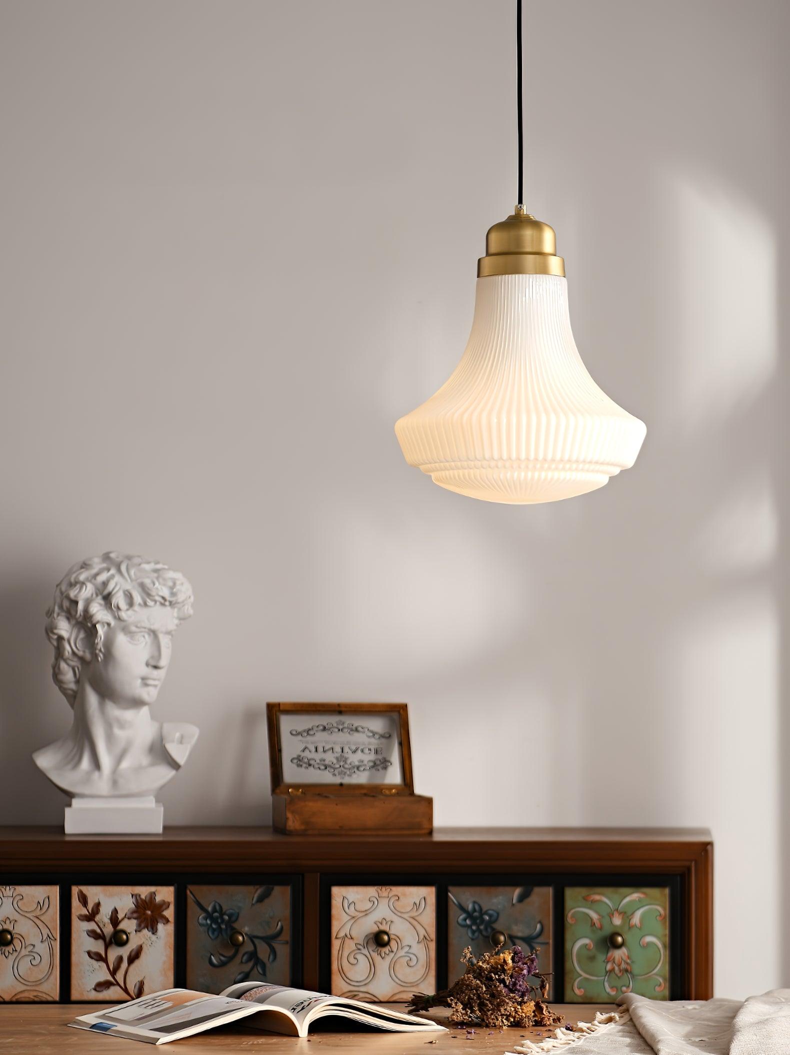 Duo Pendant Lamp Opal Glass Ribbed Bell Brass Vintage