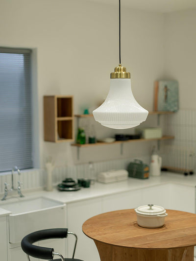 Duo Pendant Lamp Opal Glass Ribbed Bell Brass Vintage