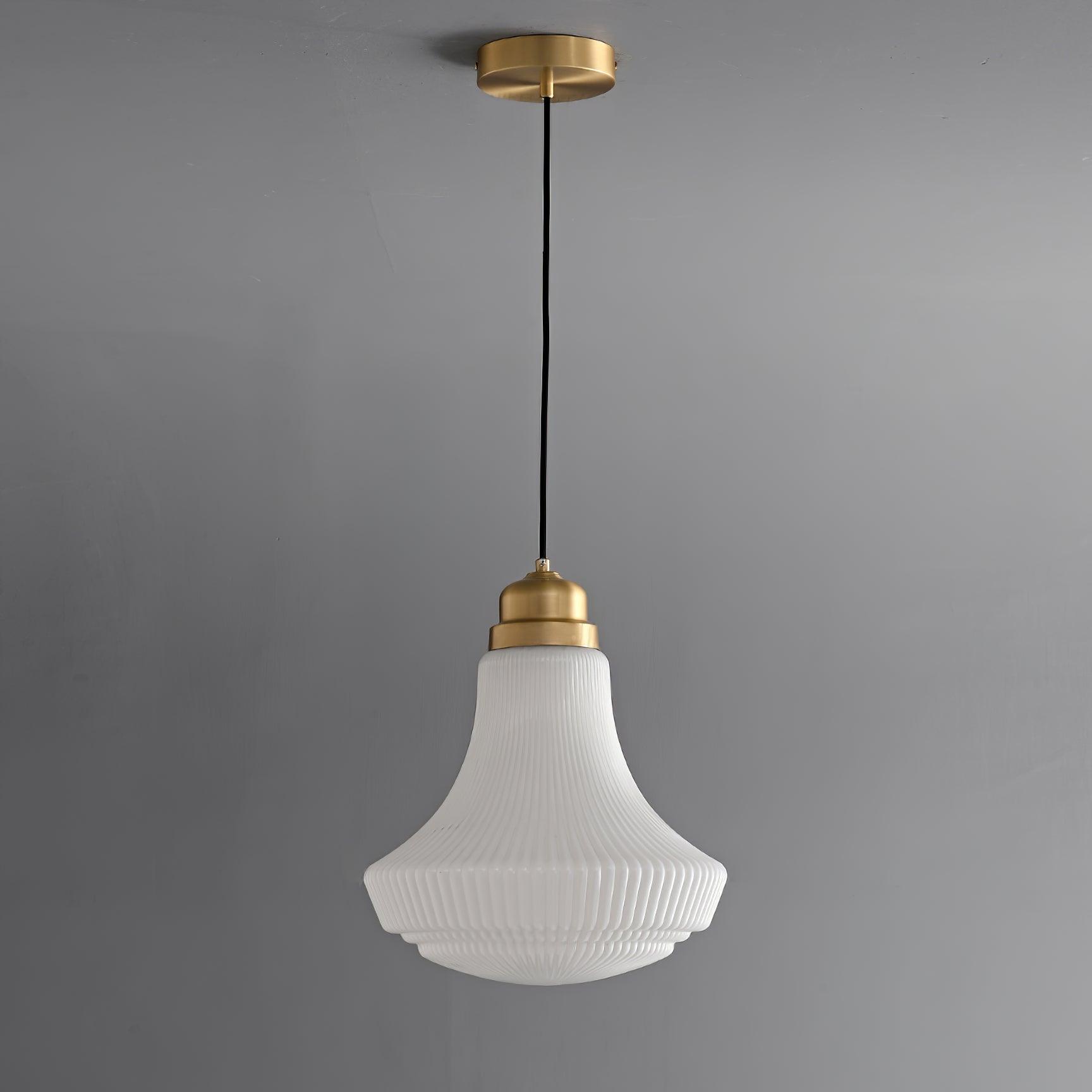 Duo Pendant Lamp Opal Glass Ribbed Bell Brass Vintage