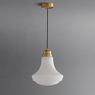Duo Pendant Lamp Opal Glass Ribbed Bell Brass Vintage