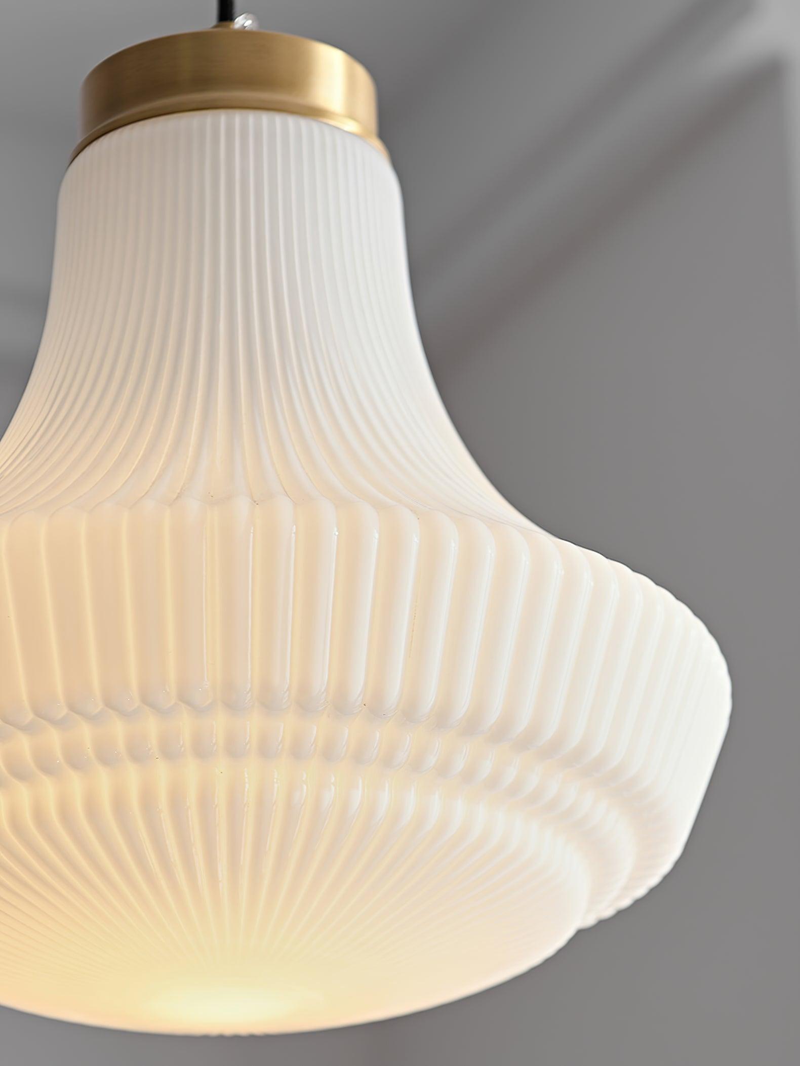 Duo Pendant Lamp Opal Glass Ribbed Bell Brass Vintage