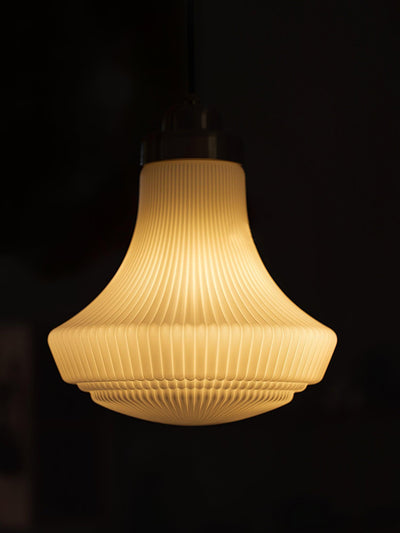 Duo Pendant Lamp Opal Glass Ribbed Bell Brass Vintage