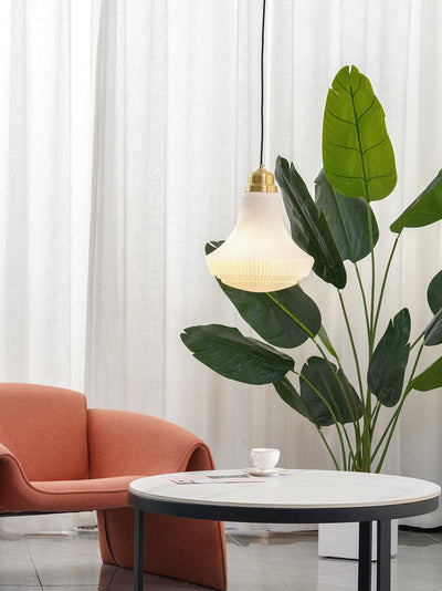 Duo Pendant Lamp Opal Glass Ribbed Bell Brass Vintage