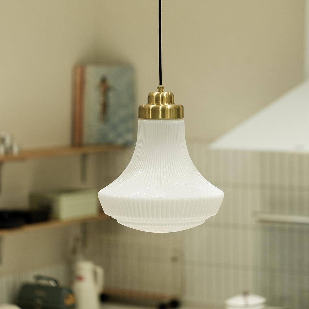 Duo Pendant Lamp Opal Glass Ribbed Bell Brass Vintage