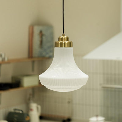 Duo Pendant Lamp Opal Glass Ribbed Bell Brass Vintage
