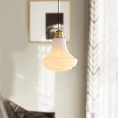Duo Pendant Lamp Opal Glass Ribbed Bell Brass Vintage