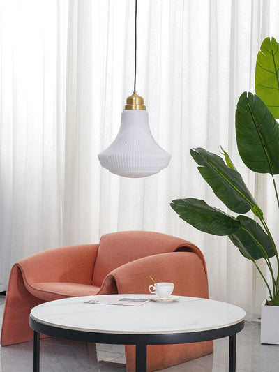 Duo Pendant Lamp Opal Glass Ribbed Bell Brass Vintage