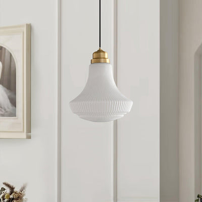 Duo Pendant Lamp Opal Glass Ribbed Bell Brass Vintage