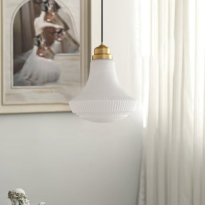 Duo Pendant Lamp Opal Glass Ribbed Bell Brass Vintage