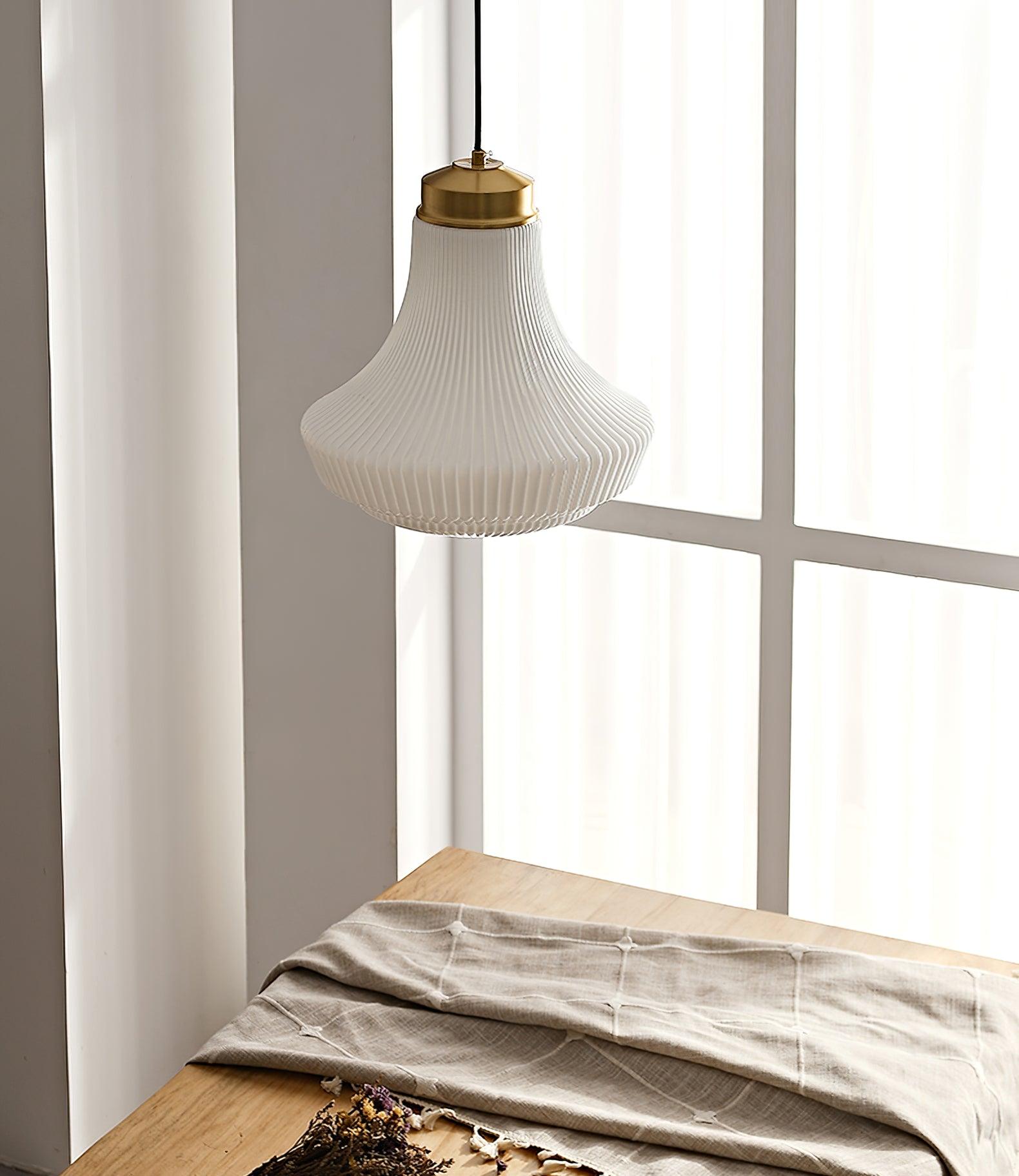 Duo Pendant Lamp Opal Glass Ribbed Bell Brass Vintage