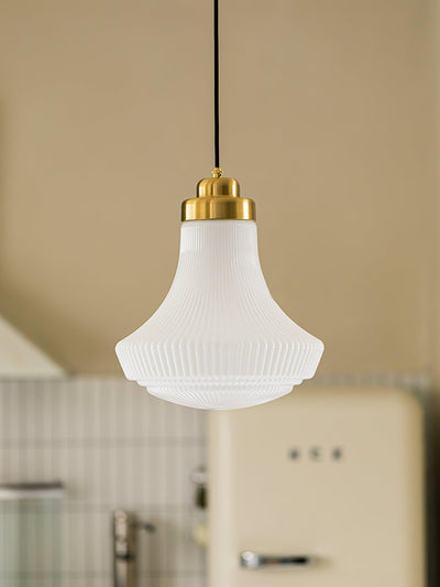 Duo Pendant Lamp Opal Glass Ribbed Bell Brass Vintage