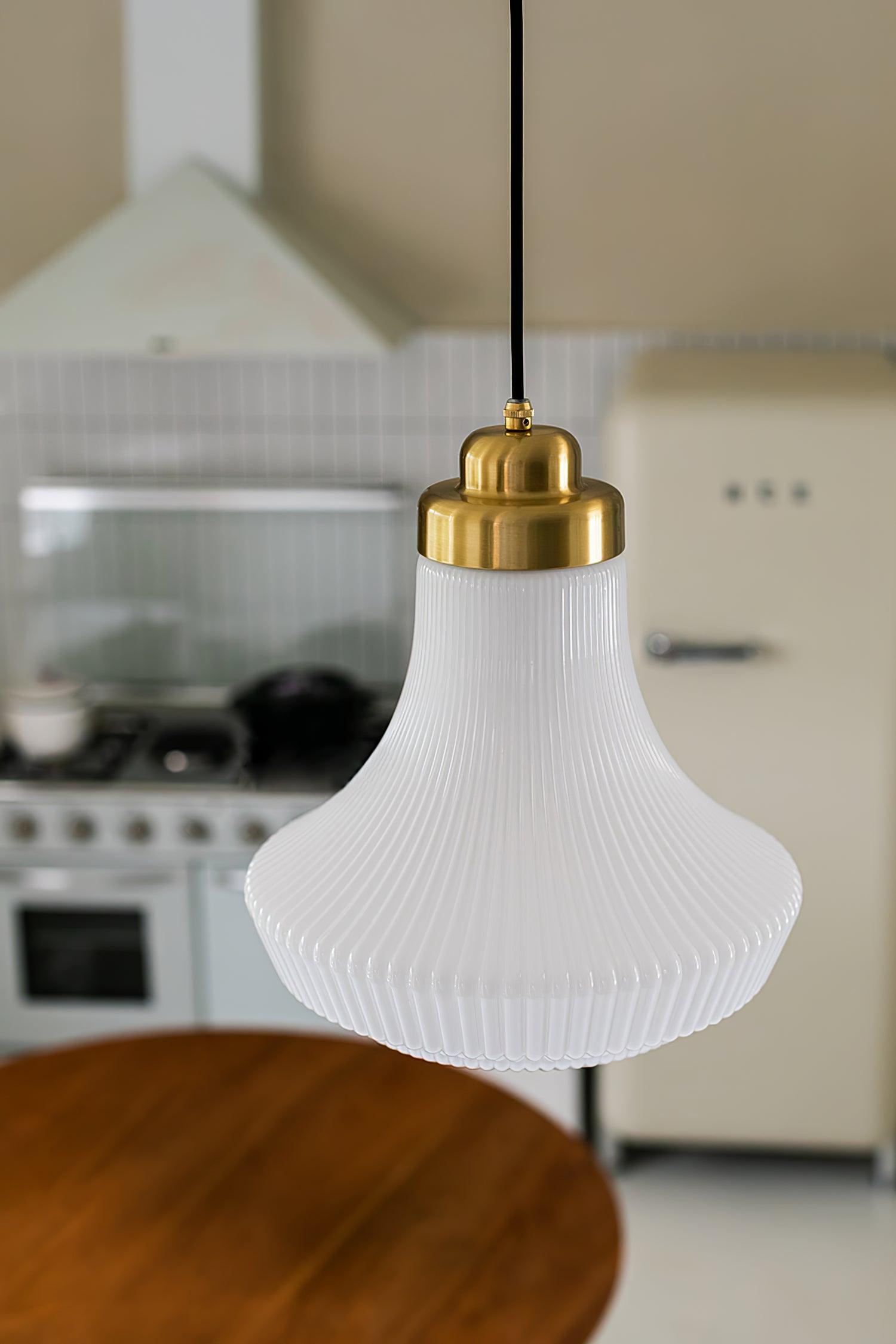 Duo Pendant Lamp Opal Glass Ribbed Bell Brass Vintage