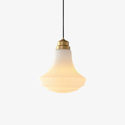 Duo Pendant Lamp Opal Glass Ribbed Bell Brass Vintage