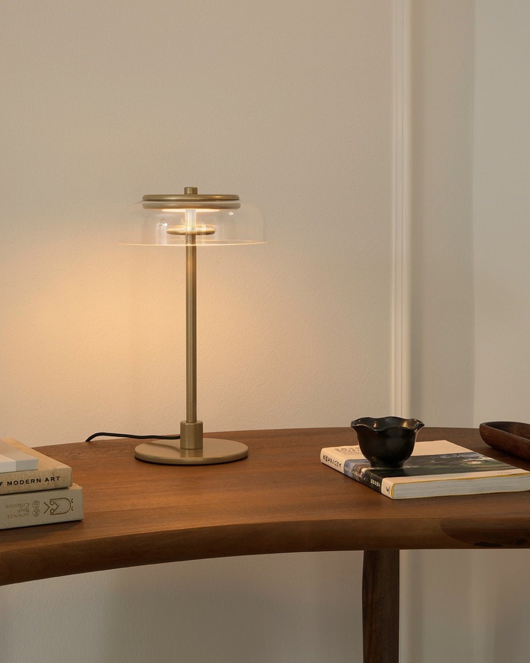 Rinelette Table Lamp Clear Glass Shade Wood Base