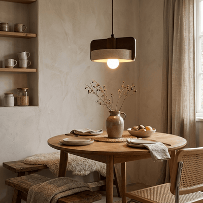 Squircle Wood Travertine Drum Pendant Light