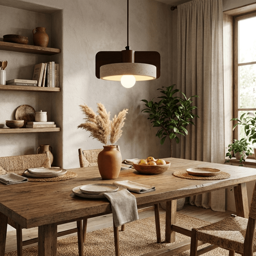 Squircle Wood Travertine Drum Pendant Light